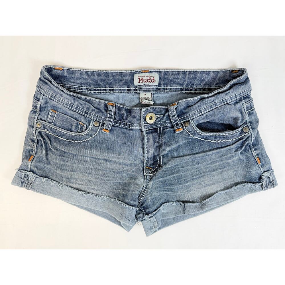 Mudd Denim Shorts Size 7 Womens Blue Low Rise Distressed Cuffed Casual Y2k